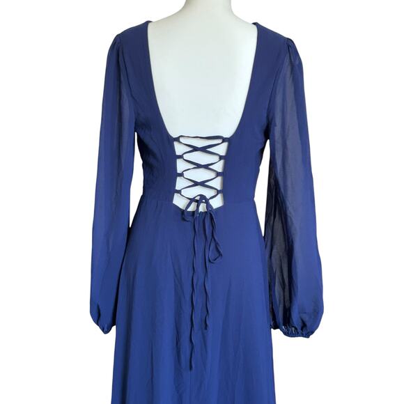 LULUS Marvelous Affair Navy Blue Pleated Lace-Up Long‎ Sleeve Maxi Dress-Size L - Picture 7 of 9
